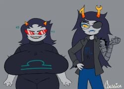 2girls animated big_breasts blue_lipstick breasts chubby chubby_female classica_p female glasses grey_background grey_body height_difference homestuck homestuck_troll horn horns huge_breasts large_breasts laugh laughing lipstick long_hair looking_at_breasts looking_at_partner looking_down moving_breasts overweight overweight_female red_glasses robotic_arm short_hair smile tagme terezi_pyrope thight_clothing video vriska_serket