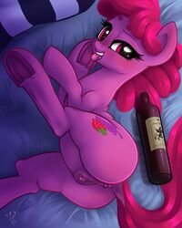 2016 absurd_res alcohol anatomically_correct anatomically_correct_pussy animal_genitalia animal_pussy anus ass berry_punch_(mlp) beverage blush bottle cutie_mark dock earth_pony equine equine_pussy female feral food friendship_is_magic hair hi_res hooves horse kinkypinkie looking_at_viewer lying mammal my_little_pony on_side pony pussy solo tongue tongue_out underhoof