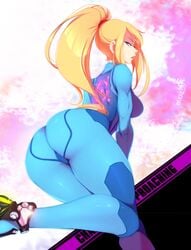 ass ass_focus blonde_hair bodysuit female female_only highres human metroid nintendo samus_aran solo sticky_(stickysheep) stickysheep zero_suit zero_suit_samus