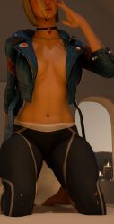 3d 3d_model 3d_render barefoot blonde_hair cammy_white candles capcom choker female_focus female_only fit_female inner_sideboob jacket_open leggings on_bed on_knees redpassieol3d softcore street_fighter street_fighter_6 tummy