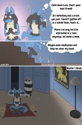 anthro aura blush candle dark_room dialogue duo from_front_position generation_4_pokemon hands_together hi_res incense inner_monologue lamp lotus_position lucario lucario-desu lulu_(lucario-desu) male male/male male_lucario master meditation movie_poster nintendo pokemon pokemon_(species) resisting sex sitting stairs thinking thought_bubble voyeur