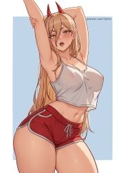 1girls alternate_version_available arm_behind_head arm_up big_breasts blonde_hair blush bottomwear breasts camisole cetta_(cettadvd) chainsaw_man cleavage clothing demon demon_girl demon_horns erect_nipples female female_focus female_only hair hips horns light-skinned_female light_skin long_hair looking_at_viewer nipples_visible_through_clothing open_mouth power_(chainsaw_man) red_shorts short_shorts shorts solo solo_female solo_focus thick_thighs thighs topwear white_camisole wide_hips yellow_eyes