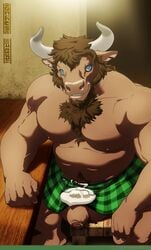 1boy 5_fingers anhes anthro balls barefoot beard blue_eyes body_hair bovine brown_hair brown_skin cattle chest_hair clothed clothing facial_hair hair happy_trail hi_res horn humanoid_penis kilt male male_only mammal minotaur musclegut nipples notched_ear penis rockblackhorn solo thick_penis topless uncut