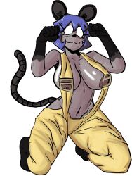 areolae arms_up big_areola big_breasts big_nipples black_feet black_hands blank_eyes blue_hair blush blush_lines breasts brown_nipples cat_pose dark-skinned_female dark_nipples dark_skin furry furry_female furry_only hands_up huge_breasts nahmona_(oc) navel nezura nipple_slip nipples on_knees original_character overalls overalls_only rat_ears rat_girl rat_tail see-through_clothing simple_background smile smiling smiling_at_viewer sweat sweatdrop sweating white_eyes yellow_overalls
