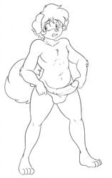 1boy anthro canine clothed clothing embarrassed erection fur hair hi_res kibbles male male_only mammal monochrome penis rule_63 skidd skimpy slightly_chubby solo swimsuit thick_thighs uberquest wide_hips