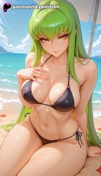 1girls 2025 ai_assisted ai_generated anime artist_name beach bikini black_bikini breasts bust c.c. cloud code_geass code_geass:oz_the_reflection explicit green_hair hand_on_own_chest hi_res high_quality high_resolution highres long_hair navel outdoors patreon patreon_username sand side-tie_bikini sitting sky skypassion solo stable_diffusion starfish swimsuit water watermark