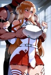 1boy 1girl ai_generated armor asuna_(sao) bare_shoulders belt blue_archive blurry_background blush braid breastplate breasts brown_eyes brown_hair bunnyart02 clothing dark-skinned_male dark_skin detached_sleeves dress faceless faceless_male female french_braid grabbing grabbing_another's_breast grabbing_from_behind groping hands_up hetero large_breasts legwear long_hair long_sleeves male miniskirt muscular muscular_male netorare parted_bangs pleated_skirt red_skirt short_ponytail skirt sleeveless solo_focus standing steaming_body sweat sword_art_online thick_thighs thighhighs thighs veins white_armor white_belt white_dress white_sleeves white_thighhighs yuuki_asuna