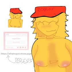 1girls areolae basic_background breasts elliot_(forsaken) elliot_(work_at_a_pizza_place) forsaken_(roblox) genderswap_(mtf) happy_female humanoid naked naked_female nipples request requested roblox roblox_game robloxian rule_63 self_upload simple_background simple_coloring simple_shading smile strawpage_request tagme_(artist) work_at_a_pizza_place yellow_hair yellow_skin