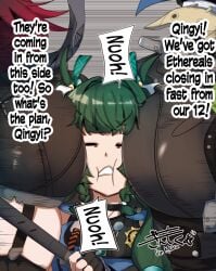 2025 3girls android ass ass_focus between_buttocks big_ass bottom_heavy clothed clothed_female clothing dialogue english english_text eyes_closed faceless faceless_character faceless_female female_focus female_only fingerless_gloves gin_moku green_hair head_between_cheeks holding_object holding_weapon hoyoverse huge_ass jane_doe_(zenless_zone_zero) light-skinned_female light_skin mihoyo mouse_girl mouse_tail police_uniform policewoman qingyi_(zenless_zone_zero) standing translated twintails zenless_zone_zero zhu_yuan