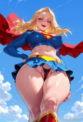 ai_generated balecxi black_panties blonde_hair blue_eyes blue_skirt blue_sky cloud covered_nipples crop_top dc dc_comics female from_below hand_on_own_hip kara_zor-el large_breasts long_sleeves looking_at_viewer midriff navel open_mouth red_cape smile solo supergirl supergirl_(series) superhero superman_(series) sweat thighs thong underwear