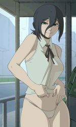 1girls animated bare_shoulders big_breasts black_hair bra breasts chainsaw_man female green_eyes hair_between_eyes hair_bun large_breasts light-skinned_female light_skin looking_at_viewer medium_hair navel nichiroart panties reze_(chainsaw_man) shirt_lift shirt_up shorter_than_10_seconds shorts shorts_down smile solo tagme twistedgrim underwear white_panties wide_hips