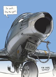 2016 aircraft airplane cum dempsey english_text f-86_sabre grey_background jet lando living_aircraft living_machine looking_at_viewer machine male male_only penis pillow ratbat simple_background single_engine smile solo speech_bubble tentacle text vehicle