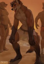 2025 anthro athletic balls beach bottomwear canid canine canis chunie clothed clothing detailed_background digital_media_(artwork) digital_painting_(artwork) domestic_dog flaccid fox fur genitals group hi_res male male/male mammal nipples painting_(artwork) penis red_body red_fox red_fur shirtless shorts smile solo_focus sunset tail tongue tongue_out translucent translucent_clothing trio true_fox