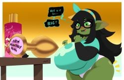 artist_signature blush borrowed_character bottomless breasts buttplug choker female giant_buttplug gigantic_breasts gigantic_buttplug glasses goblin goblin_female gold_buttplug green_eyes green_skin headband huge_ass huge_breasts huge_buttplug hyper_buttplug legs_together logo_buttplug long_hair massive_buttplug original_character panties pink_panties prone shortstack skindentation squish_(squishcap) t-shirt text text_bubble text_on_buttplug thick_thighs tight_clothing wigglbop