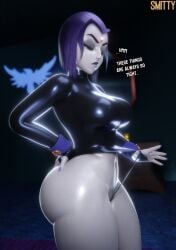 1girls 3d artist_name ass breasts dc dc_comics english_text eyeshadow female female_focus female_only jewel_on_forehead large_ass large_breasts looking_down painted_nails purple_eyes purple_hair rachel_roth raven_(dc) smitty34 solo teen_titans text thick_thighs thighs wide_hips