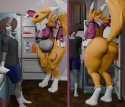 anthro appliance ass bandai_namco belly belly_overhang big_ass big_breasts breasts canid canine digimon digimon_(species) duo female fox fridge hi_res huge_ass huge_hips huge_thighs hungry kitchen kitchen_appliance larger_female looking_at_another male male/female navel overweight renamon searching size_difference slightly_chubby standing thick_thighs vep125 weight_difference weight_gain wide_hips ych_(character)