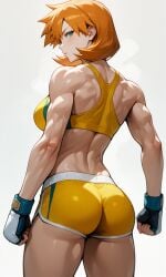 abs ai_generated alternate_muscle_size ass back bangs bare_arms bare_shoulders biceps blue_eyes blush bra breasts clenched_hands closed_mouth clothing crop_top dolphin_shorts female female_only fingerless_gloves from_behind gloves green_eyes kasumi_(pokemon) large_breasts looking_at_viewer looking_back median_furrow medium_breasts misty_(pokemon_hgss) muscle muscular_female orange_hair pokemon shiny_skin short_hair short_shorts shorts solo sports_bra sportswear standing thick_thighs thighs underbutt underwear yellow_shorts