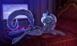 2016 absurd_res alicorn ass bed blue_hair closed_eyes controller cutie_mark english_text eqamrd equine feathered_wings feathers female feral friendship_is_magic game_controller hair hi_res horn inside long_hair lying mammal masturbation my_little_pony on_bed on_front pillow princess_luna_(mlp) solo television text underhoof wings