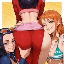 3girls ai_generated ass ass_focus big_ass boa_hancock female female_only light-skinned_female light_skin nami_(one_piece) nico_robin one_piece royal royalty tagme trio yuri