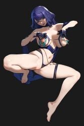 :d absurdres armpits bare_legs bare_shoulders barefoot beeeeen black_background black_choker black_gloves black_panties blue_bra blue_eyes blue_hair bra breast_curtains breasts censored chains choker collarbone commentary cupless_bra female full_body gloves gold_chain heart heart_censor highres lace_trim large_breasts last_origin looking_at_viewer machina_(last_origin) medium_hair navel nipples open_mouth panties pearl_thong purple_hair pussy revealing_clothes simple_background skindentation smile solo spread_legs squatting thigh_strap underwear