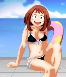 1girls bikini bikini_bottom bikini_only bikini_top black_bikini black_bikini_bottom black_bikini_top black_string_bikini black_swimsuit black_swimwear blue_sky blurred_background blurry_background boku_no_hero_academia brown-eyed_female brown-haired_female brown_eyebrows brown_eyes brown_hair clouds day daylight daytime female female_only half_naked half_nude halterneck knee_up my_hero_academia naked naked_female naked_woman nude nude_female nudity ochako_uraraka open_mouth open_mouth_smile outdoor outdoor_nudity outdoors outside parted_lips semi_nude shugo19 side-tie_bikini sky smile smiley_face smiling smiling_at_viewer string_bikini swimsuit swimwear tongue upper_teeth