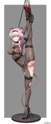 animal_ears arknights arm_strap armpits artist_name ass black_hairband black_shoes bodystocking bondage bound closed_mouth collar collarbone covered_navel cuffs female full_body grey_background hairband harness high_heels highres leg_up lin_yuhsia_(arknights) long_hair looking_at_viewer mouse_ears mouse_girl mouse_tail partially_visible_vulva pillarboxed pubic_tattoo purple_eyes purple_hair see-through_clothes shackles shoes simple_background solo split standing standing_on_one_leg standing_split statue tail tattoo torn_bodystocking torn_clothes xnnagu