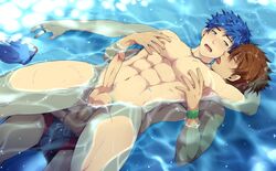 abs anal armpit bara black_monkey blackmonkey_pro blue_hair brown_hair closed_eyes cum erection gay in_water licking male male_only muscles necklace nipples open_eyes open_mouth pecs penis pool precum pubes rings swimsuit testicles uncensored water yaoi