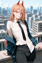 1boy ai_generated black_necktie black_pants blue_jacket blue_sky bulge chainsaw_man city cityscape cloud collared_shirt cowboy_shot cross-shaped_pupils day demon_horns femboy genderswap_(ftm) grin hair_between_eyes horns jacket long_hair long_sleeves looking_at_viewer male male_power necktie off_shoulder open_clothes open_jacket orange_eyes outdoors pants power_(chainsaw_man) railing red_horns rule_63 sharp_teeth shirt sky smile solo tagme teeth tehmar trans_woman transfem trap white_shirt