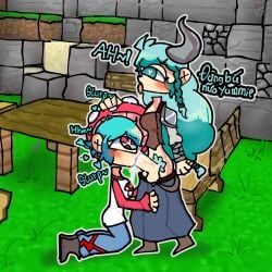 1female 1futa 4_fingers adult blowjob blue_eyes blue_hair blush blushing cartoon cartoon_style cartoony clothed cum cum_in_mouth fisch7 futanari kneeling lesbian_sex married_couple mcyt minecraft minecraft_background minecraft_block minecraft_youtubers mushroom outline outside selfcest simple_background simple_shading sketch standing stylized sucking text thick_outline tounge_out vietnamese vietnamese_female vietnamese_text viking viking_female white_outline youtube youtuber yummie yummie_(sinh_to_team) yummie_mushroom yummie_tv yummie_viking yuri