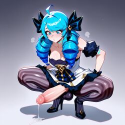 1futanari ahoge ai_generated animal_penis bare_shoulders black_bow black_footwear black_gloves black_sleeves blue_eyes blue_hair blush bow breasts cleavage closed_mouth clothing collarbone cum detached_sleeves dress drill_hair erection female full_body futanari gloves gradient_background grey_background gwen_(league_of_legends) hair_ornament hairbow high_heels horse_penis huge_cock huge_testicles intersex intersex_only large_breasts large_penis league_of_legends long_hair looking_at_penis looking_down lunaart pantyhose penis precum puffy_short_sleeves puffy_sleeves short_sleeves solo spread_legs squatting striped_clothes striped_pantyhose testicles twin_drills twintails veins veiny_penis white_dress