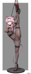 animal_ears arknights arm_strap armpits artist_name ass black_hairband black_shoes bodystocking bondage bound closed_mouth collar collarbone covered_navel cuffs female full_body grey_background hairband harness high_heels highres leg_up lin_yuhsia_(arknights) long_hair looking_at_viewer mouse_ears mouse_girl mouse_tail partially_visible_vulva pillarboxed pubic_tattoo purple_eyes purple_hair see-through_clothes shackles shoes simple_background solo split standing standing_on_one_leg standing_split statue tail tattoo xnnagu