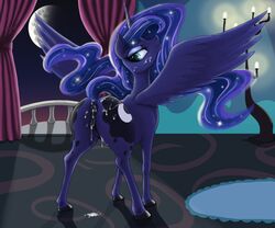 2016 alicorn anatomically_correct anatomically_correct_pussy animal_genitalia animal_pussy anus ass back_view blue_hair cum cum_on_ass cum_on_face cum_on_ground cutie_mark dock dripping equine equine_pussy female feral friendship_is_magic hair half-closed_eyes hooves horn indoors long_hair looking_at_viewer looking_back mammal messy moon my_little_pony nalesia presenting presenting_hindquarters princess_luna_(mlp) pussy raised_tail smile solo spread_wings wings