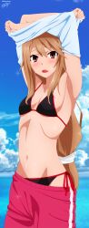 1girls 2d 2d_(artwork) 2d_artwork :o arm_above_head arm_up armpit armpit_crease armpit_peek armpits arms_above_head arms_up bare_armpits bare_belly bare_chest bare_hands bare_midriff bare_navel bare_skin belly belly_button bikini bikini_bottom bikini_top black_bikini black_bikini_bottom black_bikini_top black_string_bikini black_swimsuit black_swimwear blue_sky blush blush_face blushing_at_viewer blushing_female breasts brown-eyed_female brown-haired_female brown_eyebrows brown_eyes brown_hair clouds collarbone day daylight daytime digital digital_art digital_drawing digital_drawing_(artwork) digital_media digital_media_(artwork) elbows exposed_armpits exposed_belly exposed_chest exposed_midriff exposed_navel exposed_skin exposing exposing_self female female_focus female_only fingernails fingers hair_between_eyes hairless_armpits halterneck hand_above_head hand_up hands_above_head hands_up high_resolution highres inframammary_fold lean_figure linea_alba long_hair looking_at_viewer midriff narrow_waist navel ookami-san ookami_ryouko open_mouth outdoor outdoors outside parted_lips petite petite_body petite_breasts petite_female petite_girl petite_tits ribs shaved_armpits shoulders shugo19 side-tie_bikini skinny skinny_female skinny_girl skinny_waist sky slender_body slender_waist slim_waist small_breasts solo standing stomach string_bikini swimsuit swimwear tongue undressing undressing_self upper_body