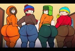 2025 4boys ai_generated behind_view big_ass big_butt big_thighs comedy_central curvy curvy_body eric_cartman kenny_mccormick kyle_broflovski male south_park stan_marsh thick thick_ass thick_legs thick_thighs wide_hips yogurt77