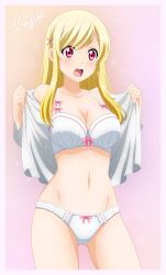 1girls 2d 2d_(artwork) 2d_artwork ass_visible_through_thighs bare_belly bare_chest bare_hands bare_hips bare_legs bare_midriff bare_navel bare_skin bare_thighs belly belly_button blonde-haired_female blonde_eyebrows blonde_female blonde_hair blonde_hair_female blush blush_face blushing_at_viewer blushing_female bra breasts cleavage collarbone digital digital_art digital_drawing digital_drawing_(artwork) digital_media digital_media_(artwork) exposed_belly exposed_chest exposed_hips exposed_legs exposed_midriff exposed_navel exposed_skin exposed_thighs exposing exposing_breasts exposing_chest exposing_self female female_focus female_only fingernails fingers groin hair_ornament hair_ornaments high_resolution highres hourglass_figure inguinal_crease inguinal_ligament lean_figure long_hair looking_at_viewer medium_breasts midriff naked_shirt narrow_waist navel open_clothes open_clothing open_mouth open_shirt open_topwear panties parted_lips presenting_breasts red-eyed_female red_eyes ribbon_bra ribbon_panties shiraishi_urara shirt shoulders showing_breasts showing_chest shugo19 simple_background slender_body slender_waist slim_waist solo standing thigh_gap thighs tongue unbuttoned unbuttoned_shirt underwear undressing undressing_self upper_body upper_teeth white_bra white_panties white_shirt white_topwear white_underwear wide_hips yamada-kun yamada-kun_to_7-nin_no_majo yamada_kun_and_the_seven_witches yellow-haired_female yellow_eyebrows yellow_hair
