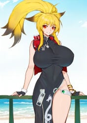 1girls 2020s 2024 alternate_breast_size artist_request bandai_namco beach beaded_bracelet blonde_hair bracelet breasts china_dress clouds detailed_background female fingerless_gloves fox_ears fox_girl gloves high_ponytail huge_breasts jacket light-skinned_female light_skin long_hair namco namco_x_capcom nipple_bulge ponytail project_x_zone red_eyes sand sleeveless_jacket smile smiling_at_viewer solo sunny water wide_hips xiaomu