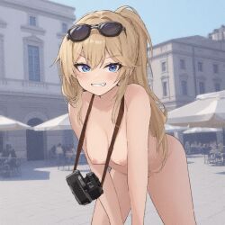 ai_generated alfredo_oriani_(azur_lane) azur_lane bending_forward blonde_female blonde_hair blue_eyes breasts buildings camera camera_around_neck exhibitionism grainy_render nipples nude nude_female nude_in_public outdoors outside people_in_background sardegna_empire_(azur_lane) smiling_at_viewer smirking smirking_at_viewer sunglasses sunglasses_on_head