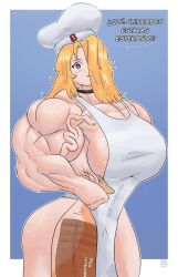 annoyed_expression apron apron_only bimbo_(bakery) blonde_female blushing bread chef_hat choker digital_media_(artwork) huge_ass huge_breasts hyper_muscles liv_(raranana) looking_at_viewer mexican_female muscular muscular_arms muscular_female raranana spanish_text thick_thighs veiny_muscles