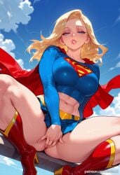 ai_generated balecxi blonde_hair blue_eyes blue_sky boots cloud covering_privates crop_top day dc dc_comics female high_heel_boots high_heels kara_zor-el large_breasts long_sleeves looking_at_viewer midriff navel outdoors red_cape red_footwear skirt smile solo supergirl supergirl_(series) superman_(series) thighs