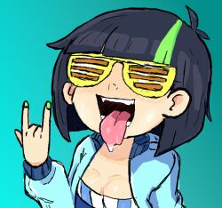 1girls awesome bikini_top black_hair drunk green_highlights green_nails intoxicated light-skinned_female open_jacket smuth3rs_(artist) tongue_out