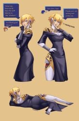 1boy 2girls aigis_(persona) android ass black_dress blonde_hair booty breasts butt cleavage clothed clothed_ass clothed_robot dress english_text female hand_on_own_hip highres joints lying makoto_yuki male mayonnaisenais3 megami_tensei multiple_girls off_shoulder on_side persona persona_3 robot_ears robot_girl robot_joints side_slit simple_background smile speech_bubble yukari_takeba yuuki_makoto_(persona_3)