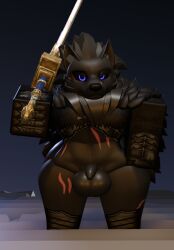 2025 3d 3d_(artwork) abdominal_scar anthro ass balls big_balls big_butt black_body black_cape black_clothing black_fur black_hair black_nose blaidd_(elden_ring) blue_eyes bottomless canid canine canis cape clothed clothing digital_media_(artwork) elden_ring facial_scar fromsoftware front_view fur genitals hair holding_melee_weapon holding_object holding_weapon leg_scar male mammal melee_weapon penis pose roblox robloxian scar small_penis solo standing sword sword_on_shoulder thick_thighs weapon willie_piv wolf