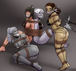2d 4girls black_hair bondage bound bound_arms bound_legs bound_together cloth_gag dark_elf drow female female_only gagged githyanki lae'zel minthara night-glare shadowheart tav_(baldur's_gate) tav_(baldur's_gate)_(female) underwear white_hair
