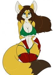 anthro big_breasts bikini biting_lip blue_eyes breasts brown_fur brown_hair canine claire_(skidd) cleavage clothed clothing eyewear female fennec fox fur glasses hair hi_res leggings legwear looking_at_viewer mammal masturbation multicolored_fur panties skidd solo stockings swimsuit uberquest white_fur yellow_fur