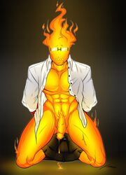 abs black_background bondage bound clothed clothing cumming cute dark_background drooling elemental eyewear fire fire_elemental glasses grillby hi_res kneeling ksuriuri male male_only muscular muscular_male pants_around_legs pants_pulled_down penis rectangular_glasses solo solo_male undertail undertale undertale_(series) video_games