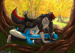 canine duo forest fur howdyhowl male mammal mgmr outside precum tree twixbluewolf wolf yaoi