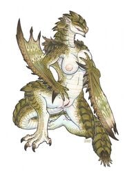 2016 anthro anthrofied anus areola beak big_breasts breasts capcom claws dragon female flying_wyvern full-length_portrait full_length green_scales hand_on_breast hi_res holding_breast horn iggi membranous_wings monster_hunter navel nipples non-mammal_breasts nude on_one_leg portrait pussy rathian red_eyes scales scalie sharp_teeth simple_background smile solo spikes spread_legs spreading teeth toe_claws video_games white_background white_scales wings wyvern