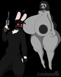 1boy 1girls alternate_version_available areolae barefoot breasts clothed_male_nude_female completely_nude completely_nude_female female full_body gun her_(imscared) huge_breasts imscared male naked naked_female nipples nude nude_female smile stemingbunbun stemingbunbun_(character)
