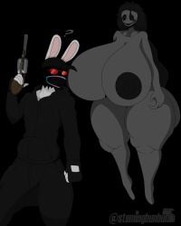1boy 1girls alternate_version_available areolae barefoot breasts clothed_male_nude_female completely_nude completely_nude_female female full_body gun her_(imscared) huge_breasts imscared male naked naked_female nipples nude nude_female smile stemingbunbun stemingbunbun_(character)