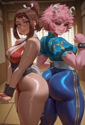2girls absurdres ai_generated artist_name bancinq black_sclera boku_no_hero_academia brown_eyes brown_hair capcom chinese_clothes chun-li_(cosplay) cosplay cosplaying_as_character fatal_fury female female_focus female_only high_ponytail japanese_clothes looking_at_viewer mai_shiranui_(cosplay) matching_hair/eyes mina_ashido my_hero_academia ochako_uraraka pink_hair pink_skin ponytail snk street_fighter thick_thighs yellow_eyes yellow_horns